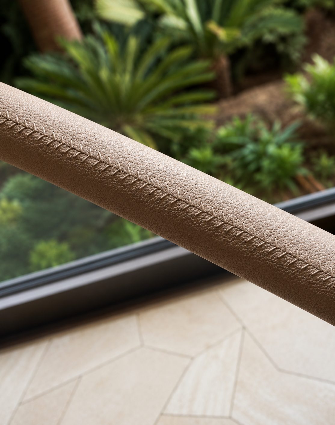 Staircase handrail covered in leather with hand-stitched seam