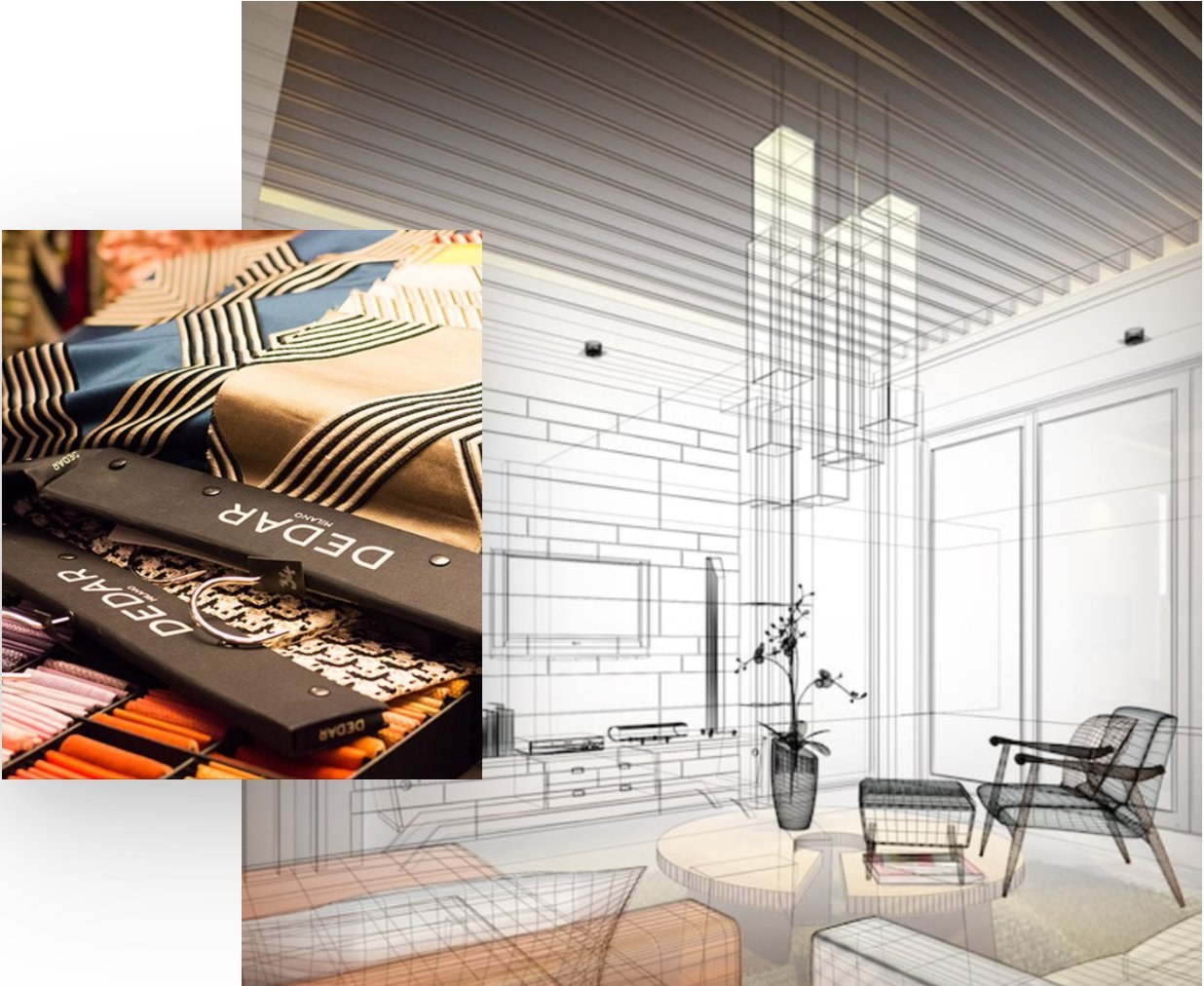Fabric swatches from leading European houses with 3D interior design plan