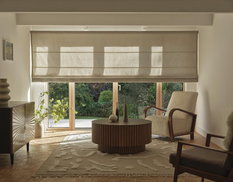 Linen roman blind in a contemporary living room