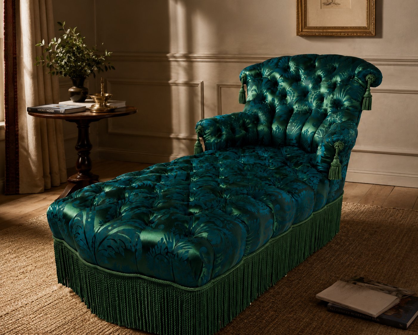 Méridienne fully tufted in emerald silk damask with bullion fringe and tassels