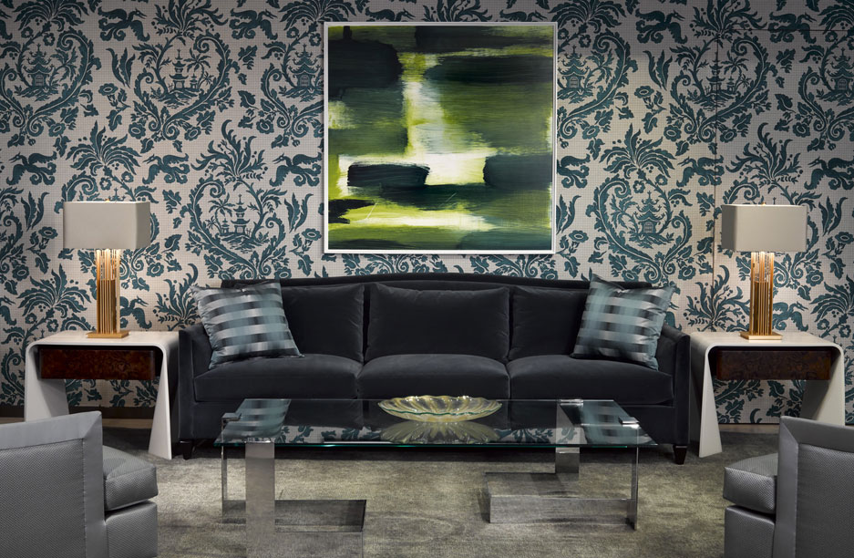 Salon walls dressed in a teal damask fabric hanging — Monaco
